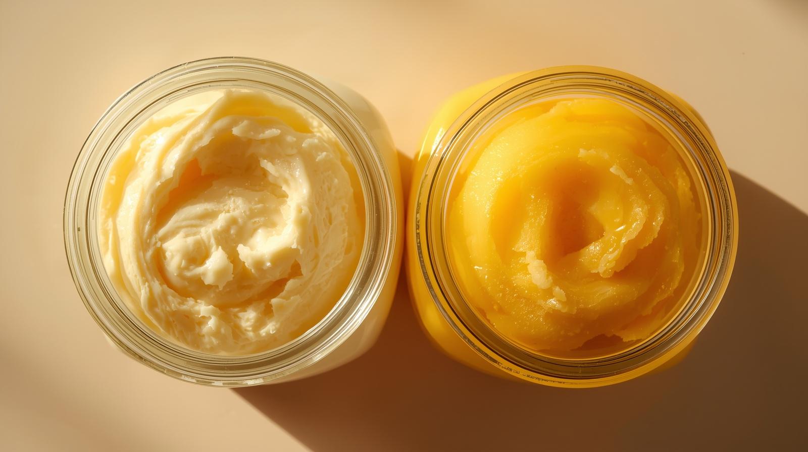 Duo de soins l'Or Blanc du Sahel : pots de beurre de karité brut et beurre de mangue naturel.