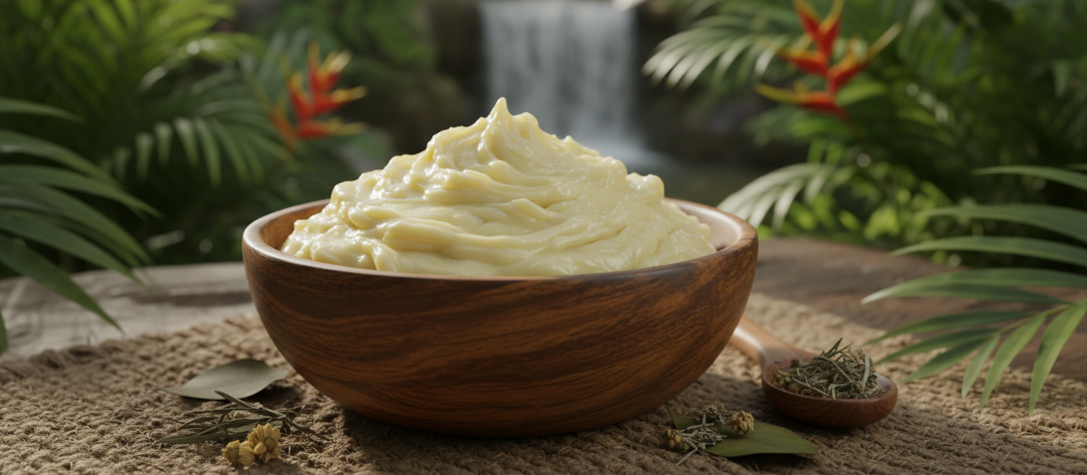 Duo de soins l'Or Blanc du Sahel : pots de beurre de karité brut et beurre de mangue naturel.